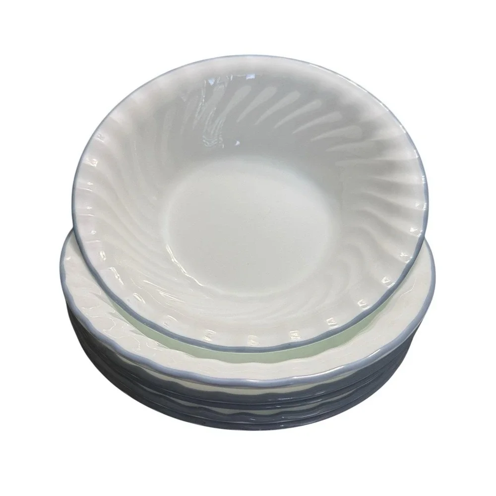 Set of 6 Corelle Corning Pink Trio Bowls Salad Soup Swirl Edge Blue Trim 7.25